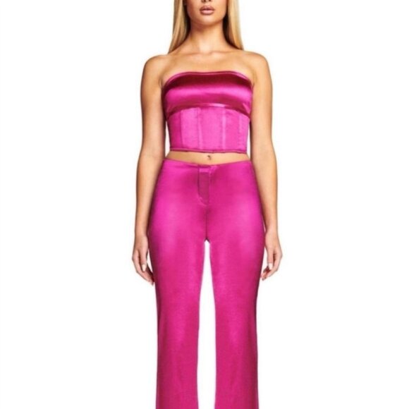 I AM GIA Fuchsia Satin Strapless Bustier Top Flare Pants Two Piece Set - Small - Picture 3 of 8